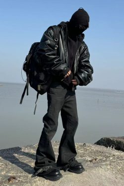 Y2K Faux Leather Oversized Bomber Jacket - 90S Grunge, Retro Style, Y2K Fashion Must-Have