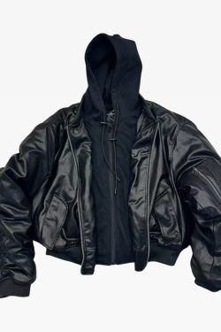 Y2K Faux Leather Oversized Bomber Jacket - 90S Grunge, Retro Style, Y2K Fashion Must-Have