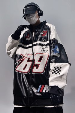 Y2K Faux Leather Racing Jacket - 90S Grunge, Retro Style, Y2K Club & Party Outfits