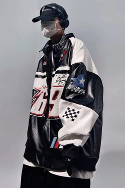 Y2K Faux Leather Racing Jacket - 90S Grunge, Retro Style, Y2K Club & Party Outfits