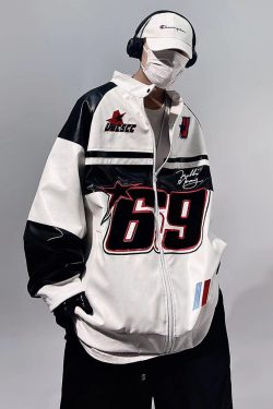 Y2K Faux Leather Racing Jacket - 90S Grunge, Retro Style, Y2K Club & Party Outfits