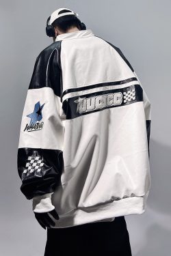Y2K Faux Leather Racing Jacket - 90S Grunge, Retro Style, Y2K Club & Party Outfits