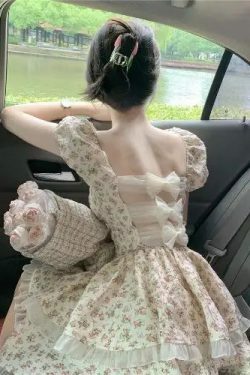 Y2K Floral Bubble Sleeve Dress - Summer Backless Bow Princess Poncho, Retro 90S Grunge Style