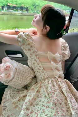 Y2K Floral Bubble Sleeve Dress - Summer Backless Bow Princess Poncho, Retro 90S Grunge Style