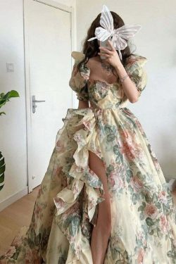 Y2K Floral Print Puff Sleeve Dress - Vintage 90S Grunge Summer Party Outfit For Women