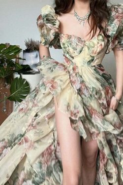 Y2K Floral Print Puff Sleeve Dress - Vintage 90S Grunge Summer Party Outfit For Women