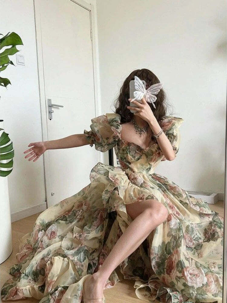 Y2K Floral Print Puff Sleeve Dress - Vintage 90S Grunge Summer Party Outfit For Women Y2K Floral Print Puff Sleeve Dress - Vintage 90S Grunge Summer Party Outfit For Women