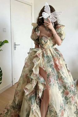 Y2K Floral Print Puff Sleeve Princess Dress - Vintage 90S Grunge Summer Party Outfit