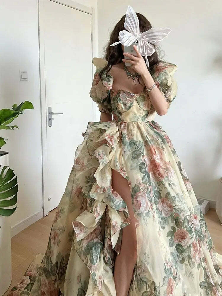 Y2K Floral Print Puff Sleeve Princess Dress - Vintage 90S Grunge Summer Party Outfit Y2K Floral Print Puff Sleeve Princess Dress - Vintage 90S Grunge Summer Party Outfit