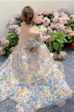 Y2K Floral Puff Sleeve Dress - Summer Retro 90S Grunge, Cool & Breathable, Bare Shoulder Style