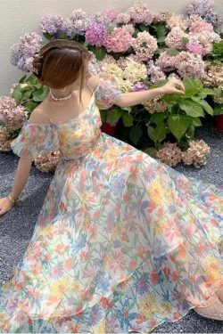 Y2K Floral Puff Sleeve Dress - Summer Retro 90S Grunge, Cool & Breathable, Bare Shoulder Style