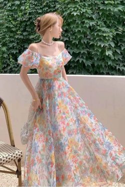 Y2K Floral Puff Sleeve Dress - Summer Retro 90S Grunge, Cool & Breathable, Bare Shoulder Style