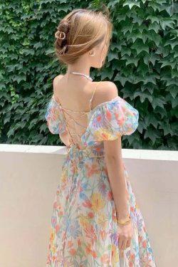 Y2K Floral Puff Sleeve Dress - Summer Retro 90S Grunge, Cool & Breathable, Bare Shoulder Style