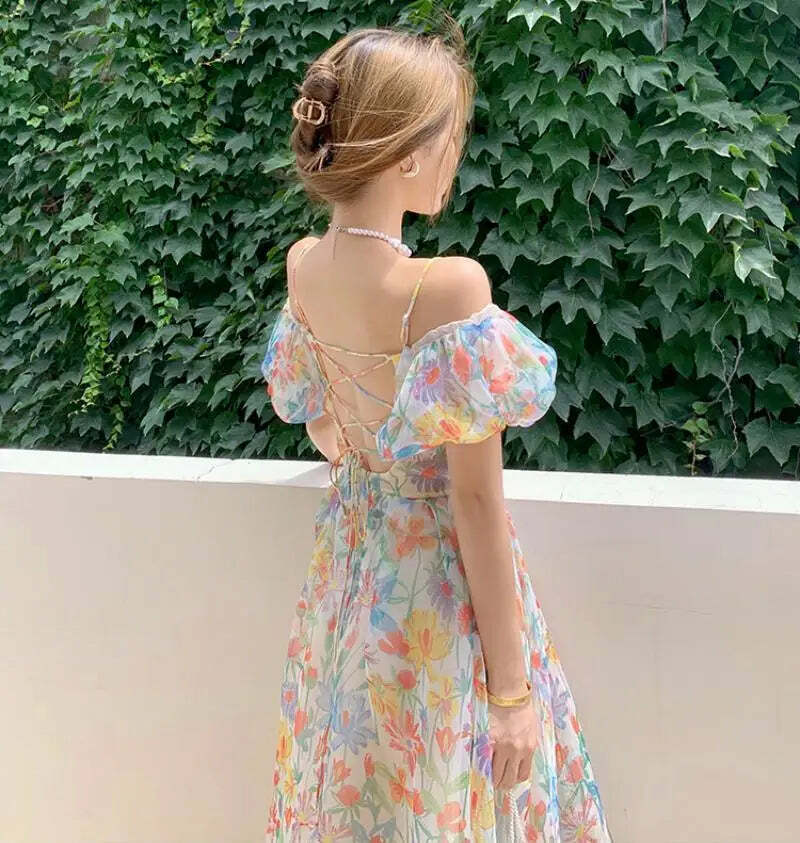 Y2K Floral Puff Sleeve Dress - Summer Retro 90S Grunge, Cool & Breathable, Bare Shoulder Style Y2K Floral Puff Sleeve Dress - Summer Retro 90S Grunge, Cool & Breathable, Bare Shoulder Style
