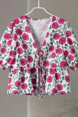 Y2K Floral Skirt & Lace-Up Top Set - Retro 90S Summer Outfit, Soft 2-Piece V-Neck Shortsleeve