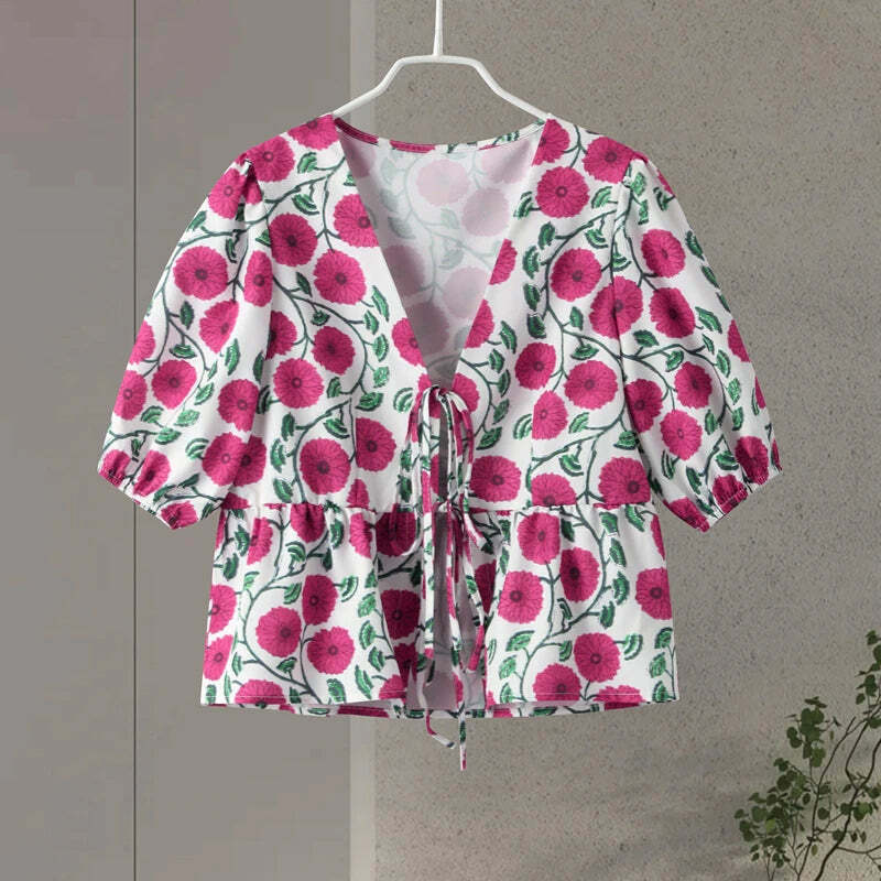 Y2K Floral Skirt & Lace-Up Top Set - Retro 90S Summer Outfit, Soft 2-Piece V-Neck Shortsleeve Y2K Floral Skirt & Lace-Up Top Set - Retro 90S Summer Outfit, Soft 2-Piece V-Neck Shortsleeve