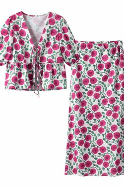 Y2K Floral Skirt & Lace-Up Top Set - Retro 90S Summer Outfit, Soft 2-Piece V-Neck Shortsleeve