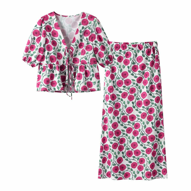 Y2K Floral Skirt & Lace-Up Top Set - Retro 90S Summer Outfit, Soft 2-Piece V-Neck Shortsleeve Y2K Floral Skirt & Lace-Up Top Set - Retro 90S Summer Outfit, Soft 2-Piece V-Neck Shortsleeve