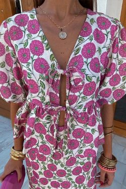 Y2K Floral Skirt & Lace-Up Top Set - Retro 90S Summer Outfit, Soft 2-Piece V-Neck Shortsleeve