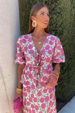 Y2K Floral Skirt & Lace-Up Top Set - Retro 90S Summer Outfit, Soft 2-Piece V-Neck Shortsleeve