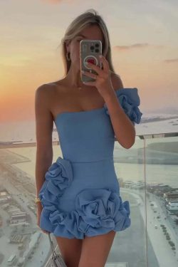 Y2K Flower Edge One Shoulder Dress - Slim Fit, Rose Pleated, Chic Party & Prom Outfit