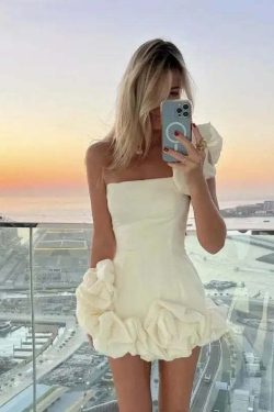 Y2K Flower Edge One Shoulder Dress - Slim Fit, Rose Pleated, Chic Party & Prom Outfit