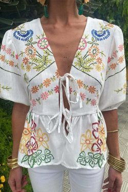 Y2K Flower Print Puff Sleeve Blouse - Retro 90S Grunge Summer Top With Bow Lace Up V-Neck