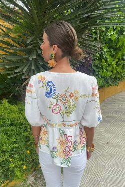 Y2K Flower Print Puff Sleeve Blouse - Retro 90S Grunge Summer Top With Bow Lace Up V-Neck