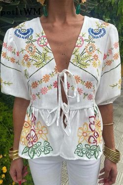 Y2K Flower Print Puff Sleeve Blouse - Retro 90S Grunge Summer Top With Bow Lace Up V-Neck