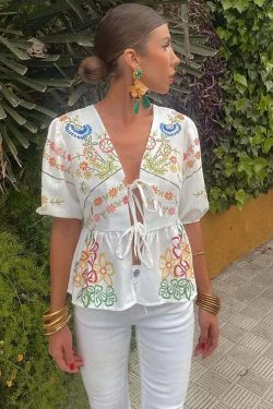 Y2K Flower Print Puff Sleeve Blouse - Retro 90S Grunge Summer Top With Bow Lace Up V-Neck