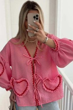 Y2K Flower Print Puff Sleeve Blouse - Retro 90S Grunge Summer Top With Bow Lace Up V-Neck