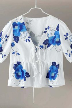 Y2K Flower Print Puff Sleeve Blouse - Retro 90S Grunge Summer Top With Bow Lace Up V-Neck