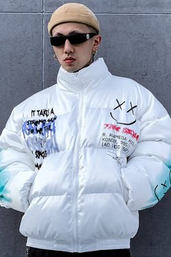 Y2K Graffiti Puffer Jacket - 90S Grunge, Retro Style, Y2K Fashion, Summer & Party Outfits