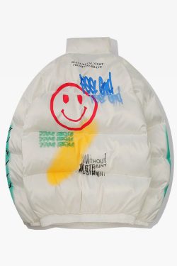Y2K Graffiti Puffer Jacket - 90S Grunge, Retro Style, Y2K Fashion, Summer & Party Outfits