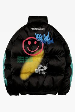 Y2K Graffiti Puffer Jacket - 90S Grunge, Retro Style, Y2K Fashion, Summer & Party Outfits