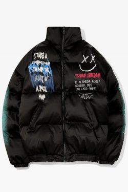 Y2K Graffiti Puffer Jacket - 90S Grunge, Retro Style, Y2K Fashion, Summer & Party Outfits