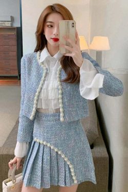 Y2K Grunge 3-Piece Set: Elegant Slim Coat, Skirt, And Shirt - Retro 90S Fashion Tweed Suit