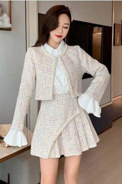 Y2K Grunge 3-Piece Set: Elegant Slim Coat, Skirt, And Shirt - Retro 90S Fashion Tweed Suit