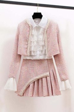 Y2K Grunge 3-Piece Set: Elegant Slim Coat, Skirt, And Shirt - Retro 90S Fashion Tweed Suit