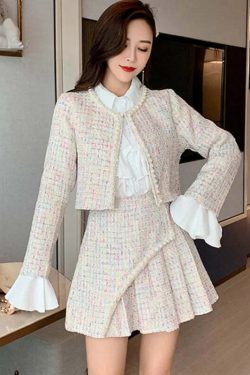 Y2K Grunge 3-Piece Set: Elegant Slim Coat, Skirt, And Shirt - Retro 90S Fashion Tweed Suit