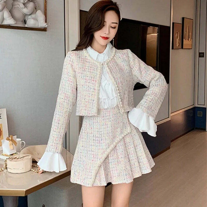 Y2K Grunge 3-Piece Set: Elegant Slim Coat, Skirt, And Shirt - Retro 90S Fashion Tweed Suit