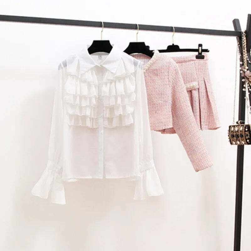 Y2K Grunge 3-Piece Set: Elegant Slim Coat, Skirt, And Shirt - Retro 90S Fashion Tweed Suit