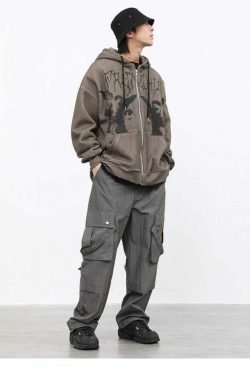 Y2K Grunge Angel Dark Print Hoodie Jacket - Retro 90S Fashion, Summer & Party Outfits