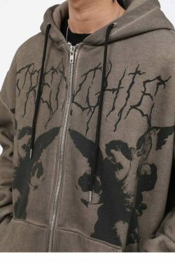 Y2K Grunge Angel Dark Print Hoodie Jacket - Retro 90S Fashion, Summer & Party Outfits