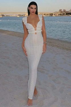 Y2K Grunge Apricot Hollow Out Maxi Dress - Sexy See-Through Backless Beach Party Outfit