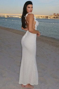 Y2K Grunge Apricot Hollow Out Maxi Dress - Sexy See-Through Backless Beach Party Outfit