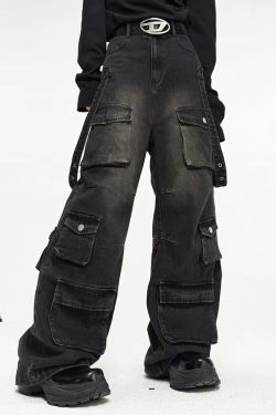 Y2K Grunge Baggy Black Cargo Jeans - Retro 90S Fashion, Summer Y2K Outfits, Gothic Y2K Style