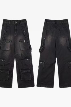 Y2K Grunge Baggy Black Cargo Jeans - Retro 90S Fashion, Summer Y2K Outfits, Gothic Y2K Style