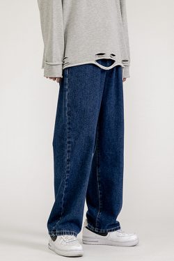 Y2K Grunge Baggy Dark Blue Jeans - Retro 90S Fashion, Summer Y2K Outfits, Gothic Y2K Style