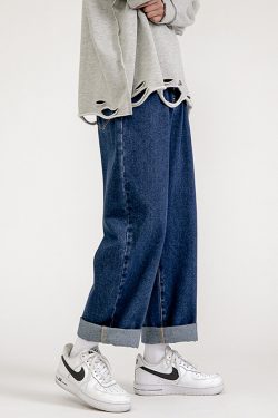 Y2K Grunge Baggy Dark Blue Jeans - Retro 90S Fashion, Summer Y2K Outfits, Gothic Y2K Style